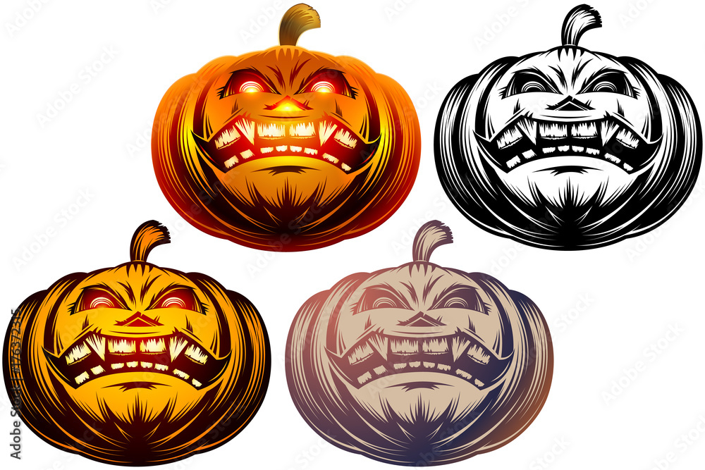 Wall mural set of halloween pumpkin icons with carved eyes and mouth. vector graphic cartoon illustration. colo