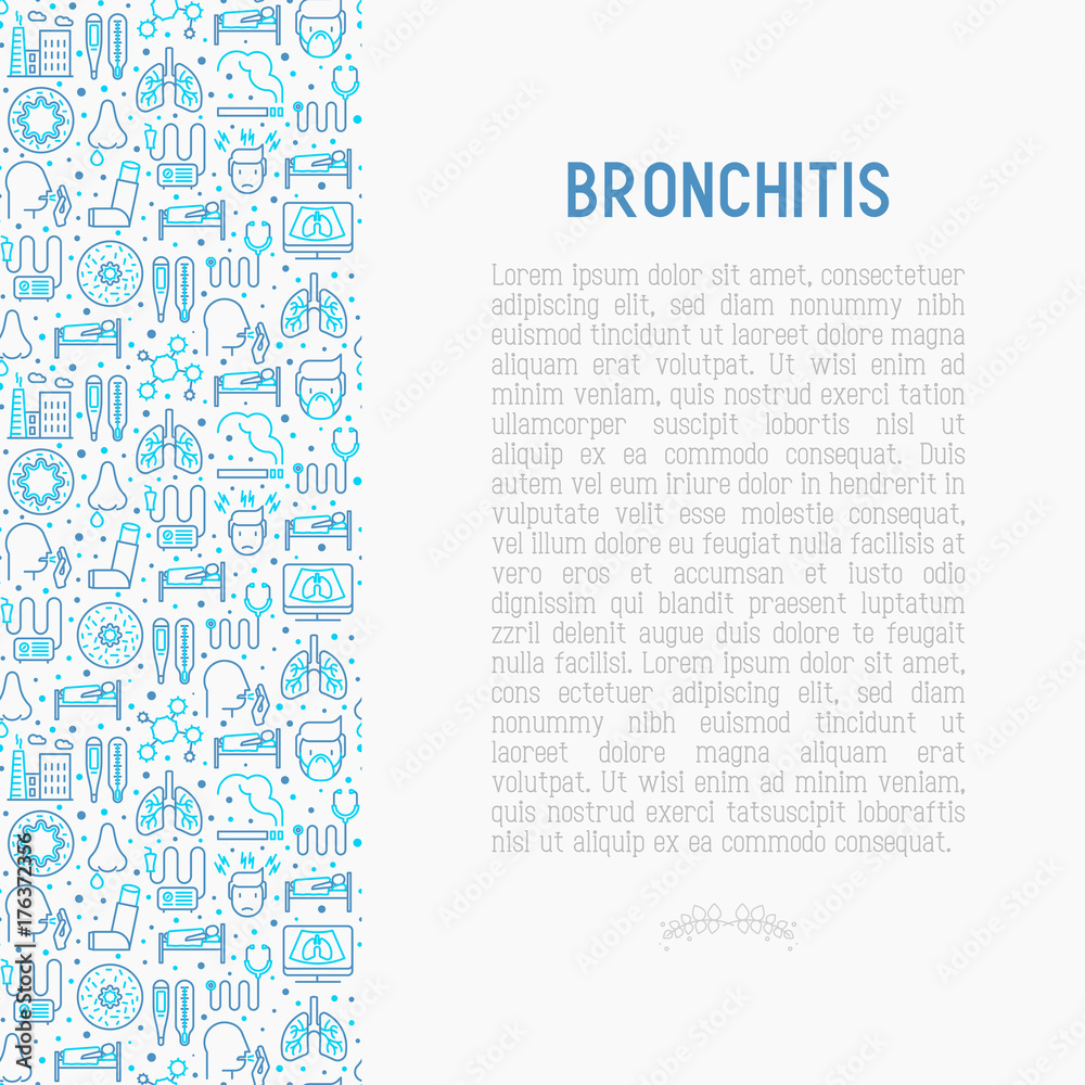 Wall mural Bronchitis concept with thin line icons of symptoms and treatments: headache, alveolus, inhaler, nebulizer, stethoscope, thermometer, x-ray, bed rest. Vector illustration.