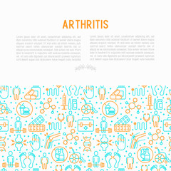 Fototapeta na wymiar Arthritis concept with thin line icons of symptoms and treatments: pain in joints, obesity, fast food, alcohol, medicine, wheelchair. Vector illustration for banner, web page, print media.