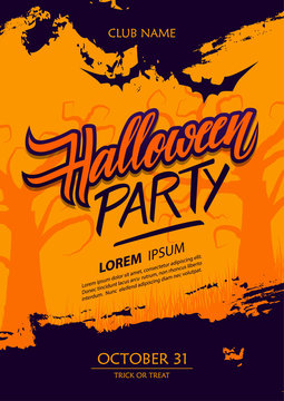 Halloween party poster with hand lettering and brush stroke. Vector illustration.