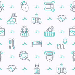 Heart attack seamless pattern with thin line icons of symptoms and treatments. Modern vector illustration for medical report or survey, banner, web page, print media.