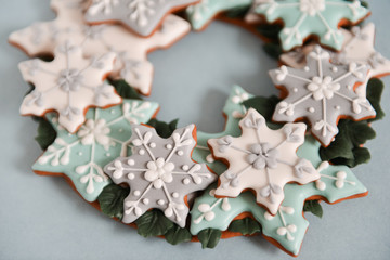 Christmas wreath with cookies. New Year's gift of gingerbread