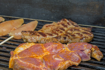 juicy steaks and chicken breast kebabs on charcoal grill mesh.