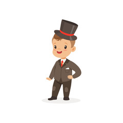 Cute little boy wearing suit and black top hat, young gentleman dressed up in classic retro style vector Illustration