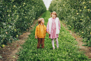 Two funny kids playing in green apple orchard, happy childhood in countryside