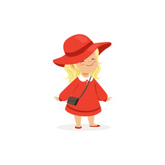 Elegant blonde little girl posing in red hat and dress, young lady dressed up in classic retro style vector Illustration