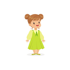 Beautiful little girl posing in green dress, young lady dressed up in classic retro style vector Illustration