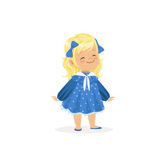 Beautiful blonde little girl posing in blue dress, young lady dressed up in classic retro style vector Illustration