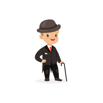 Elegant little boy in black suit with walking stick, young gentleman dressed up in classic retro style vector Illustration
