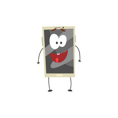 Cute happy smiling smartphone character with a grey screen, arms and legs cartoon vector Illustration