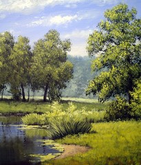 Oil paintings landscape, river and trees, pond, art