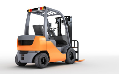Fototapeta na wymiar 3d rendering forklift truck isolated on white background. Rear view. Look to the right