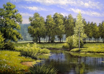 Oil paintings landscape, river and trees, pond, art