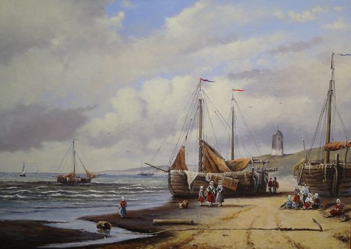 Oil paintings sea landscape, fisherman, ships and boats.