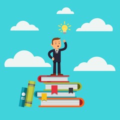 Businessman standing in clouds on pile of books with idea bulb on head. Big idea, balance, thoughtful, knowledge, cloud computing, business concept illustration vector.