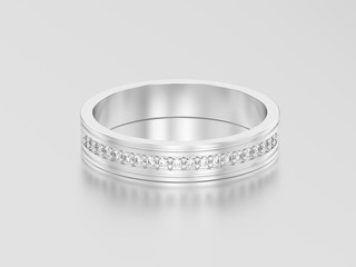 3D illustration white gold or silver engagement wedding band diamond ring with reflection and shadow