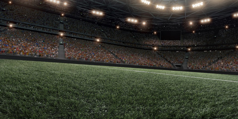 Fototapeta na wymiar Professional soccer arena in 3D. Dramatic soccer stadium are full of fans.