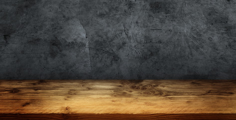 Grey concrete wall with wooden table - obrazy, fototapety, plakaty