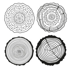 Tree rings. Set of cross section of the tree. Set of tree rings on isolation background. Conceptual graphics. Line art. Objects for design. Decorative style. Outline for printing, posters and other