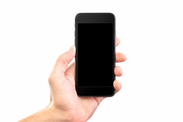 Male hand holding black cellphone isolated at white background.