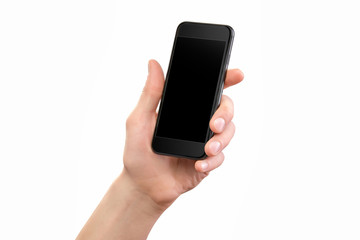 Mockup of male hand holding black cellphone isolated at white background.