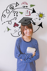 Education and graduation Concept. Young asian woman college student holding her books smiling happily with education and learning illustration doodles background