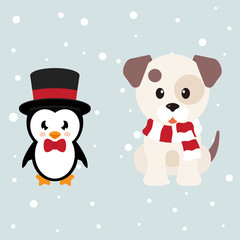 cartoon winter dog and penguin 