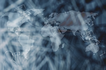 parcel moving across the world and man with binoculars staring at it