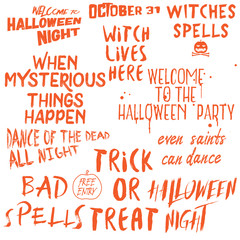 Halloween lettering phrases overlay set. Scary quotes. Spooky holiday typography. Calligraphy photo graphic and flyer invitation design element. Hand made signs. Vector.