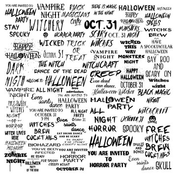 Set of over 50 black and white Halloween scary and spooky quotes about holiday, horror and witches, handmade font lettering collection, Halloween calligraphy illustration. Vector.