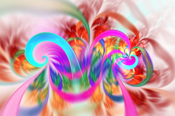 Abstract colorful exotic flowers. Fantastic asymmetrical fractal design in orange, red, blue and green colors. Psychedelic digital art. 3D rendering.