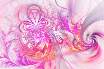 Abstract colorful exotic flowers. Fantastic asymmetrical fractal design in orange and pink colors. Psychedelic digital art. 3D rendering.