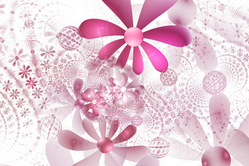 Beautiful pink flowers and ornamented spheres on white background. Abstract fantastic fractal composition. Psychedelic digital art. 3D rendering.