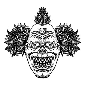 Scary cartoon clown illustration. Blackwork adult flesh tattoo concept. Horror movie zombie clown face character. Vector.