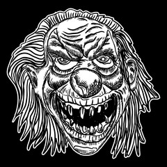 Evil scary clown monster with big nose and sharp teeth. Blackwork adult flesh tattoo concept. Horror cartoon illustration isolated on black background. Laughing angry insane joker head. Vector.