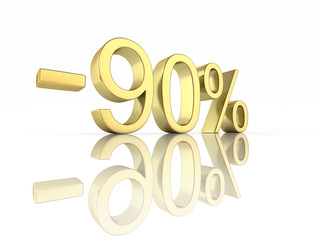 Gold text 90 percent off on white background with reflection 3D render