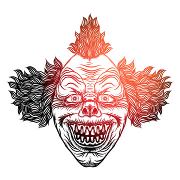 Halloween devil scary clown front head. Smiling clown monster with big eyes and wide angry smile. Blackwork adult tattoo flash line style and poster, print, t-shirt concept design. Vector.
