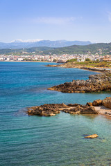 Coastline of Kissamos town on Crete with Samaria mountains, Greece