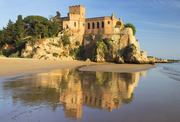 old golden castle with reflections in water in Portugal