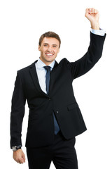 Happy gesturing businessman , isolated