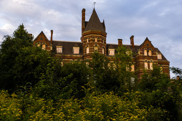 Fototapeta na wymiar Main Building at Sunset Surrounded by Yellow Goldenrods - Abandoned Hudson River State Hospital - New York