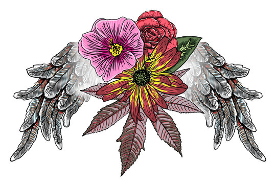 Rose and flowers with angel or bird wings. Vintage floral. Highly detailed blackwork tattoo flash concept isolated on white. Wings and blooming lily, roses drawing in feminine style. Vector.