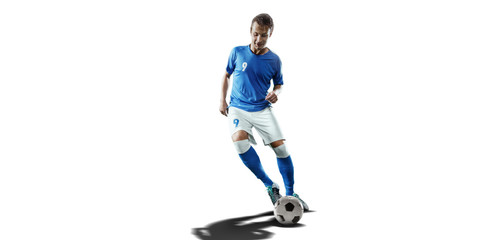 Fototapeta premium Soccer player performs an action play and beats the ball. Isolated football player in unbranded sport uniform on a white background.