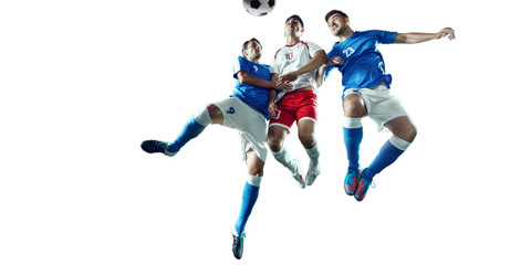 Fototapeta na wymiar Soccer players fight for the ball. Isolated football players in unbranded sport uniform on a white background.