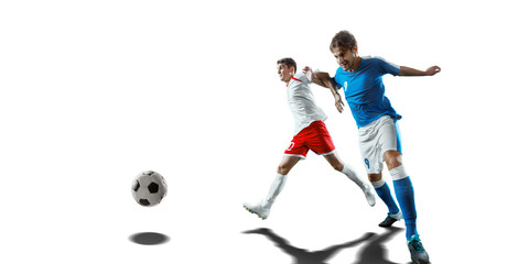 Soccer players fight for the ball. Isolated football players in unbranded sport uniform on a white background.
