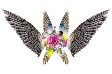 Mother's day drawing layout design with roses, flowers and bird wings. Concept for, flyer, card, invitation. Angel wings and blooming lily, roses Blackwork tattoo in feminine style. Vector.