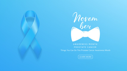 Web Banner for Prostate Cancer Awareness Month. Men Healthcare Concept Logo. Light Blue Background with Satin Ribbon and Lettering. Vector Illustration.