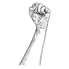 Hand gesture sketch. Man wrist illustration isolated on white background. Hand drawn engraving style of male raise high up fist. Vector.