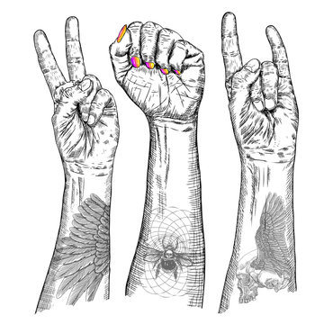 Youth crowd hands manifesting new generation. Set of hands of young people boys and girls with different gestures. Millennials woman and man wrist freedom victory signs with flash tattoos. Vector.