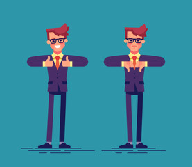 Handsome businessman is showing thumb up and thumb down. Flat vector illustration.